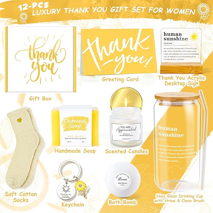 12PCS Thank You Gifts for Women, Sunshine Appreciation Gifts for Coworkers, Sunshine Box Employee Appreciation Baskets, Thanks You Baskets for Women Friends Teacher, Mentor, Families, Friends, Leaders