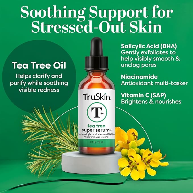 TruSkin Tea Tree Oil Acne Treatment for Face – Acne Serum – Improve the Appearance of Pores, Skin Tone for Smooth, Glowing Skin with Salicylic Acid, Vitamin C, Niacinamide & Retinol, 1 fl oz