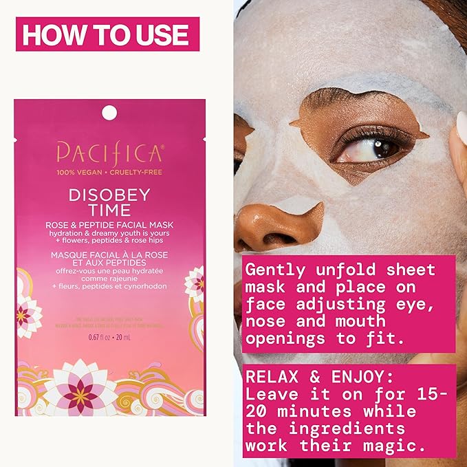 Pacifica Disobey Time Rose & Peptide Facial Sheet Mask Hydrating Anti-Aging Mask for Fine Lines & Dry Skin Infused w/Hyaluronic Acid & Chamomile Clean Beauty Vegan & Cruelty-Free Dermatologist Tested