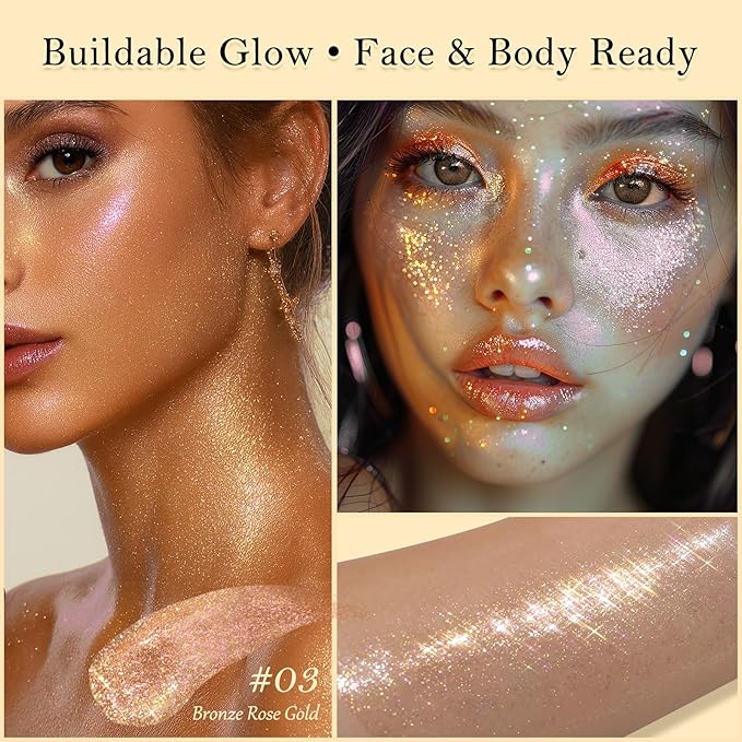 Liquid Glitter Highlighter Glow Drops – Face Highlighter & Body Shimmer Makeup, Illuminating Radiant Glow for Festival Rave Party, Long Lasting 03 Rose Gold