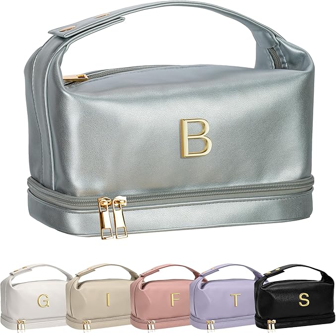 Birthday Gifts for Women, Makeup Bags with Handle, Initial Double Layer Cosmetic Bag with Makeup Brush Organizer, Cute Cosmetic Pouch for Women, Gifts for Friends Female Mom