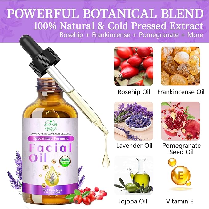 Organic Face Oil with Lavender, Rosehip, Frankincense, Pomegranate & Vitamin E - USDA Certified Cold Pressed 100% Natural Anti-Aging Facial Oil for Moisturizing, Brightening - 1oz / 30ml