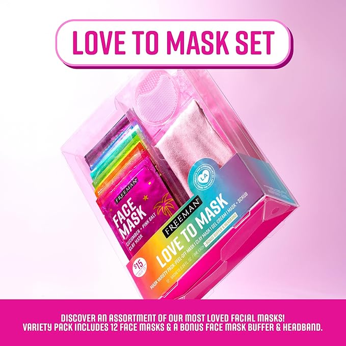 Freeman Facial Love To Mask Variety Pack: Oil Absorbing Clay, Detoxifying Charcoal, Clearing Peel Off, Hydrating Gel Cream, Exfoliating Scrub (14 Piece Kit with Bonus Buffer and Headband)
