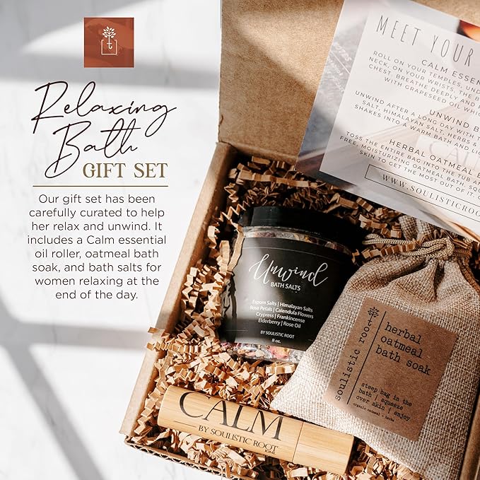 Soulistic Root Relaxing Bath Gift Set, Luxury Spa Gifts for Women, Self Care Products for Women and Men, Calm Essential Oil Roller, Oatmeal Lavender Bath Soak & Epsom Salts with Essential Oils