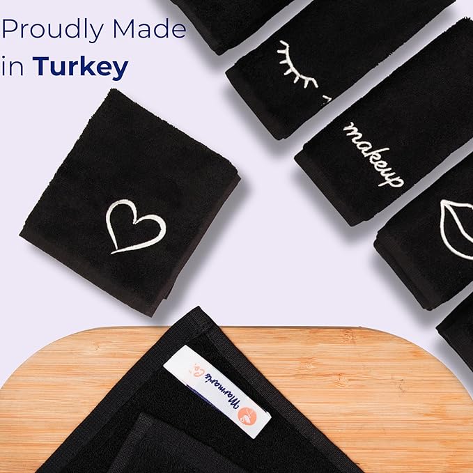 Black Makeup Washcloths for Face, 5-Pack Face Towels Reusable, 11.5 x 11.5, Gift-Ready Box, Viscose from Bamboo & Turkish Cotton