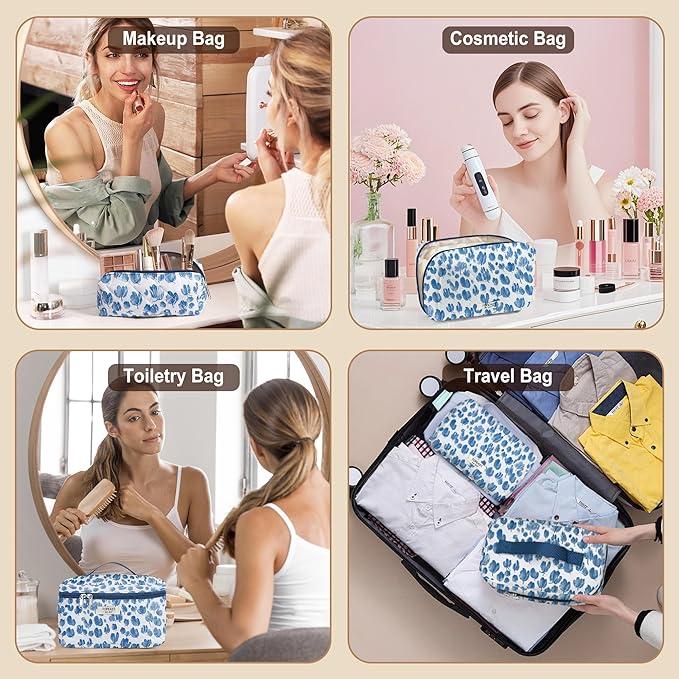 TOPEAST Makeup Bag for Women Girl, 3Pcs Large Cotton Travel Make up Bags with Zipper, Cute Quilted Floral Cosmetic Organizer Potable Brushes Toiletry Bag Set, Blue Floral