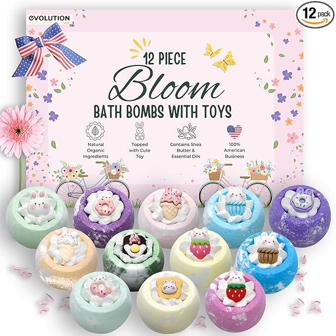 EvolutionUSA 12pc Bloom Bath Bombs with Toys, Adorable Girl Bath Bomb Set, Bubbly Kids Bathbombs, Fizzy Bath Ball, Kids Bath Bombs for Girls, Childrens Bath Bomb Set Birthday, Christmas, Easter