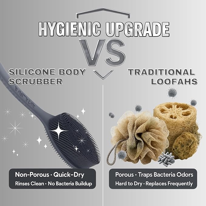 Avilana Silicone Body Scrubber – Gentle Shower Brush & Loofah Alternative- Food Grade & Lab Tested – Fast-Drying, Hygienic, BPA-Free Silicone Body Gentle Exfoliator (Dark Gray, Long Handle)