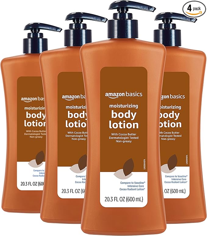 Amazon Basics Moisturizing Cocoa Butter Body Lotion for Dry Skin, Non-Greasy, Paraben Free, Lightly Scented, 20.3 Fl Oz, Pack of 4