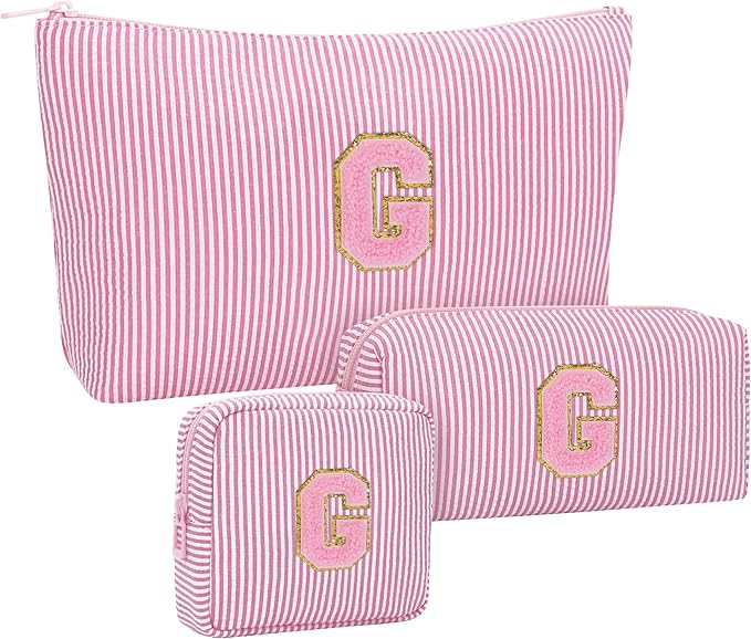 MONSTINA Personalized Initial Makeup Bag for Women,Make Up Case for Girlfriend Bridesmaid Wife,Birthday Gift for Her Cute Toiletry Bag,3PCS,Pink G
