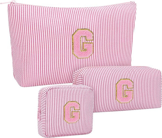 MONSTINA Personalized Initial Makeup Bag for Women,Make Up Case for Girlfriend Bridesmaid Wife,Birthday Gift for Her Cute Toiletry Bag,3PCS,Pink G