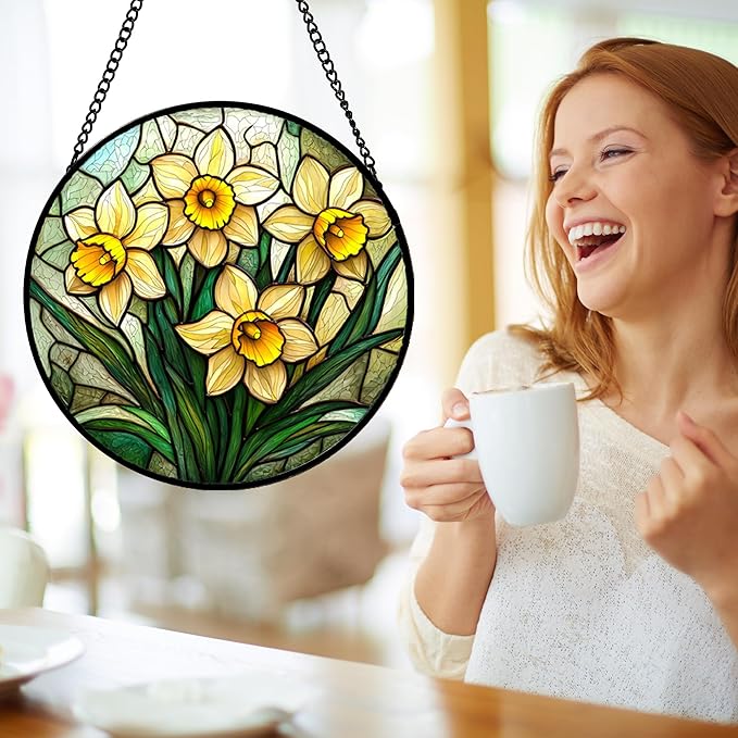 Stained Glass Window Hanging, Daffodil Plant Flowers Sun Catchers Diamond Glass Panel Hangings Suncatcher Decor for Birthday for Women, Men, Wife, Aunt, and Mom 14.9x14.9 in