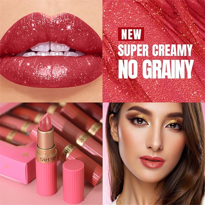 BONNIE CHOICE 6Pcs Glitter Lipstick Set, Red Rose Nude Pink Brown Glitter Shimmer Shine Lipstick Sets for Women Waterproof Long Lasting 24 Hours Lip Stick Makeup Gift Sets