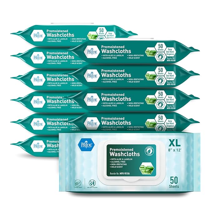 MED PRIDE 600 Count 8 X12 in Premoistened Disposable Wet Washcloths for Adults with Aloe & Lanolin Personal Cleansing Skincare Makeup Removal Travel
