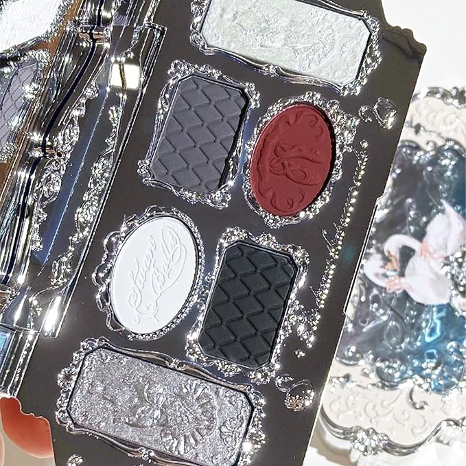Flower Knows Swan Ballet Six-Color Makeup Palette,Eyeshadow,Blush,Highlighting & Contour All-in-One Face Makeup Palette with 4 Matte+2 Shimmer Smoky Shades(02 Black Swan,0.23 Oz)