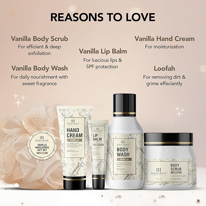 Gift Set For Women & Men | Vanilla Body Scrub, Body Wash, Hand Cream, Lip Balm, Loofah | 5 Piece Set | Birthday, Wife, Girlfriend, Sister | 10.2 Fl Oz