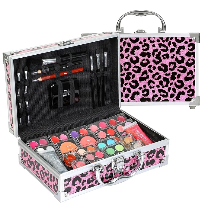 Anpro All-In-One Makeup Carry Case with Pro Teen Makeup Set, Full Starter Cosmetics Kit with Makeup Brushes, Lipsticks, Eye Shadows Palette, Blushes, Glitter Gel-Pink Leopard