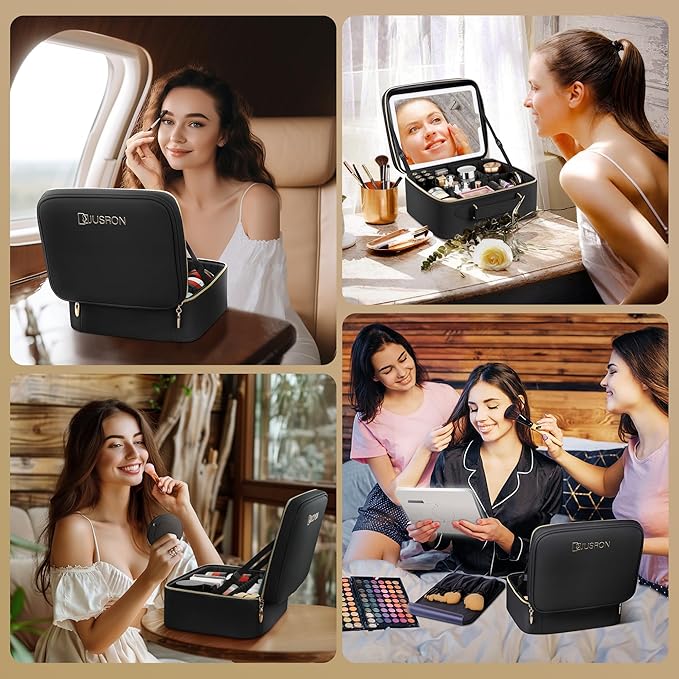 JUSRON Travel Makeup Bag With LED Mirror, Cosmetic Train Case with Light up Mirror, Portable Makeup Artist Organizer Bag with Adjustable Dividers, Makeup Brush Holder Storage (Black, Medium)
