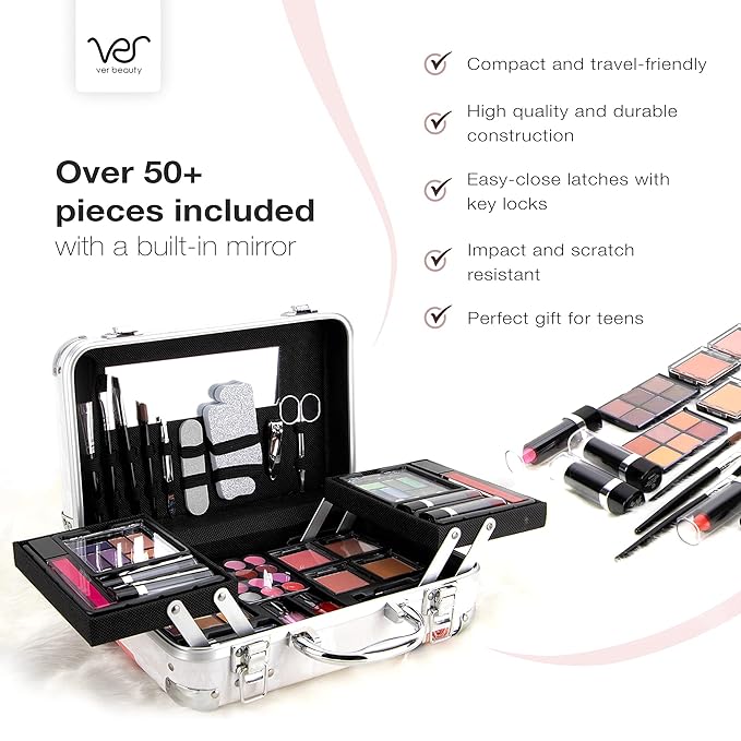 Ver Beauty Makeup Box with Travel Mirror - Professional Makeup Case w/ 2 Trays - Perfect Cosmetic Organizer Gift Set