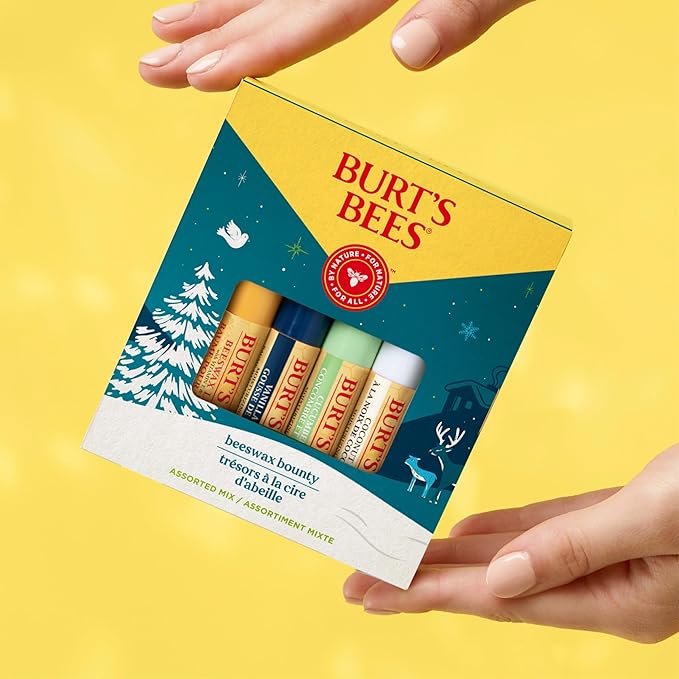Burt's Bees Christmas Gifts, 4 Lip Balm Stocking Stuffers Products, Assorted Mix Set - Classic Beeswax, Vanilla, Cucumber Mint & Coconut and Pear (4-Pack)