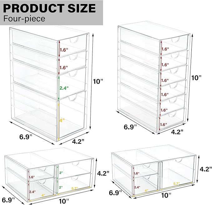 Prsildan Acrylic Drawer Organizer with 17 Drawers, Craft Office Desk Makeup Organizers Accessories, Set of 4 Clear Stackable Storage Drawers for Vanity, Countertop, Jewelry, Art Supply Organization