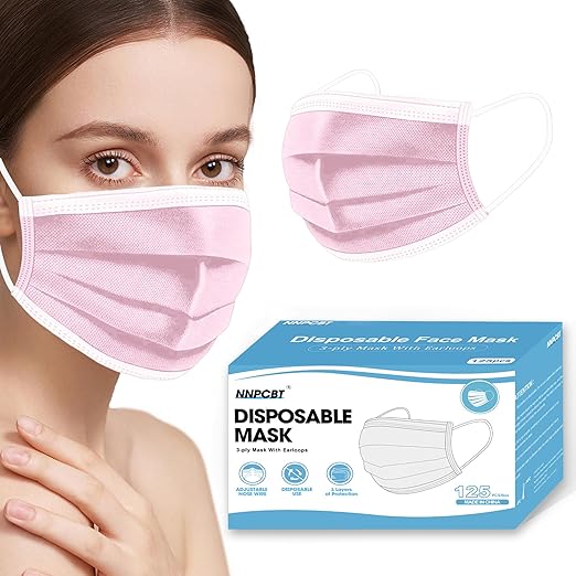 NNPCBT Pink Disposable Face Masks 125 Pack,3-Ply Breathable Mask For Adults,Great For Outdoors,Home, Office, School