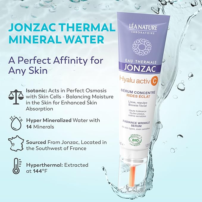 Eau Thermale Jonzac Organic Hyalu Activ C Serum for Face & Eyes - Optimized Vitamin C 5x More Stable With Hyaluronic Acid - Anti-Wrinkle - Brighter & Plumped Skin - 1.01 Fl Oz