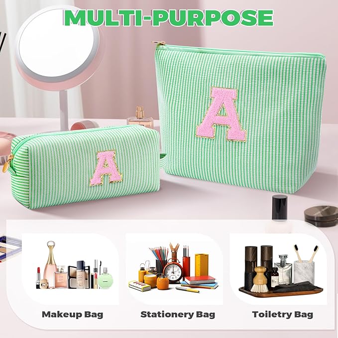 Makeup Bag Set Initials Cosmetic Bag,Gifts for 10 11 12 13 14 15 16 17 18 Years Old Girl Girlfriend Teen Girls Gift Trendy Stuff Personalized Toiletry Bag Travel - Green,A