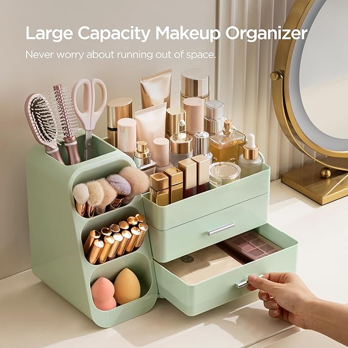 HBlife Makeup Organizer with Brush Holder for Vanity, Large Plastic Bathroom Countertop Organizer Skin Care Storage, Easy to Store Lipsticks, Nail Polishes, Perfumes, Eyeshadow Palettes, All Green
