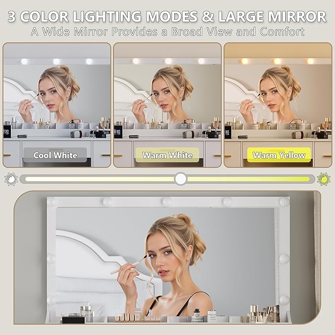 Makeup Vanity with Large Lighted Mirror and Chair, 7 Drawers Vanity Makeup Desk Table with Power Strip, Adjustable Lighting, and Cushioned Storage Stool for Women, Girls