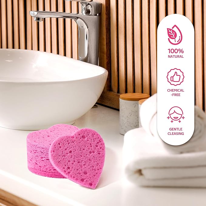 50-Count Heart Shape Compressed Facial Sponges for Daily Facial Cleansing and Exfoliating, 100％ Natural Cosmetic Spa Sponges for Makeup Remover