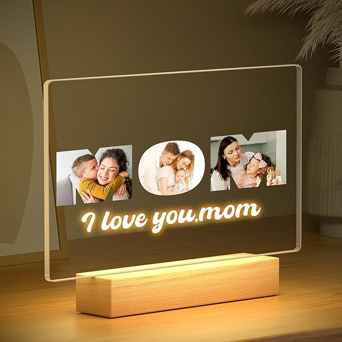 Custom Mom Picture Frame with Photo, Personalized Photo Frame with Night Light, Customized Picture Frames, Personalized Christmas Birthday Gifts for Mom from Daughter & Son