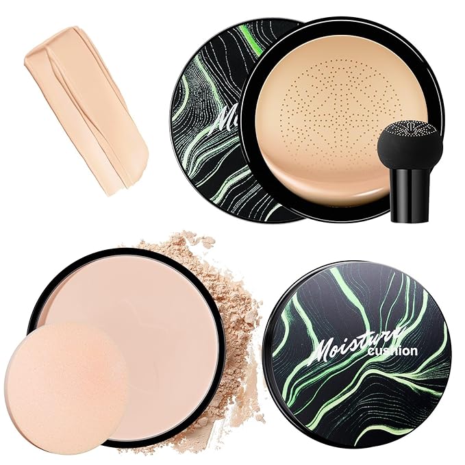 OETUIOW Mushroom Head Air Cushion CC Cream with Setting Powder Makeup Set, Controls Shine & Smooths Complexion, Blurs Fine Lines & Imperfections, Even Skin Tone for All Skin Types (Natural Color)