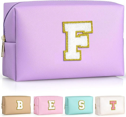 TOPEAST Preppy Makeup Bag, Small Cosmetic Travel Bags for Women, PU Leather Waterproof Toiletry Bag with Zipper, Personalized Birthday Gift for Women Girl, Preppy Gifts for Girl (Purple F)