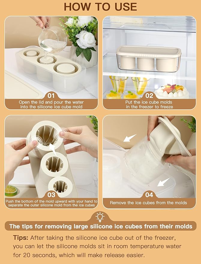 Ice Cube Tray for Tumbler Cup 30Oz-40Oz, 3 Pcs Silicone Cylinder Ice Mold with Lid and Bin for Freezer, Easy Fill and Release Ice Maker for Whiskey, Cocktail BPA-Free