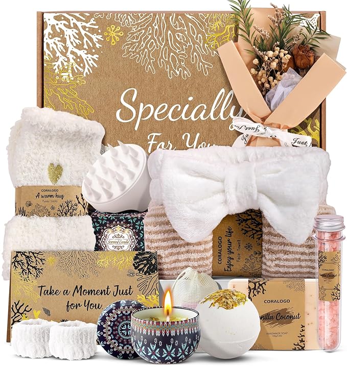 Coralogo Natural Spa Gift Baskets - Natural Pampering Spa Set, Self-Care Beauty Gift Basket, Wellness Bath & Body Works, Unique Gifts for Birthday, Valentines Day, Mothers Day for Mom, Wife, Her