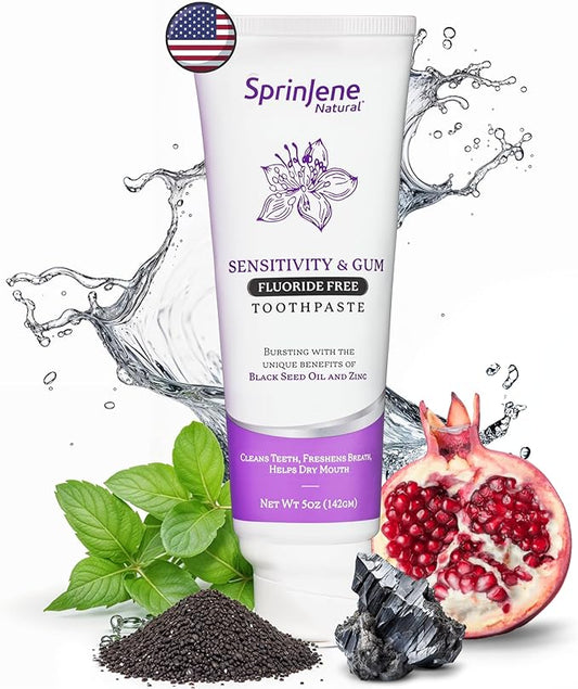 SprinJene Natural Fluoride Free Toothpaste for Sensitive Teeth & Gums – Patented Toothpaste with Black Seed Oil & Zinc – Vegan Dry Mouth Prevention for Fresh Breath – Made in The USA (1 Pack)