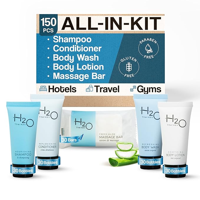 H2O Therapy Hotel Soaps & Toiletries Bulk Set | 1-Shoppe Amenities Kit | 0.85oz Shampoo & Conditioner, Body Wash, Lotion, 1oz Bar Soap | Travel Size | 150 Pieces
