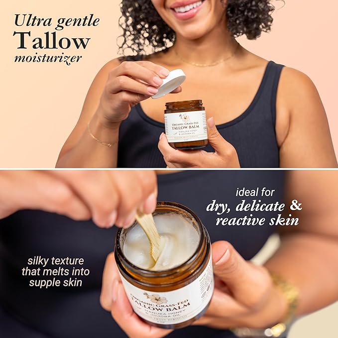 Beef Tallow for Face, Moisturizer with Manuka Honey & Pure Essential Oils, Organic Face & Body Balm, Natural Skincare with Jojoba, Sweet Almond, Tamanu & Baobab Oils, Made in USA, 4oz