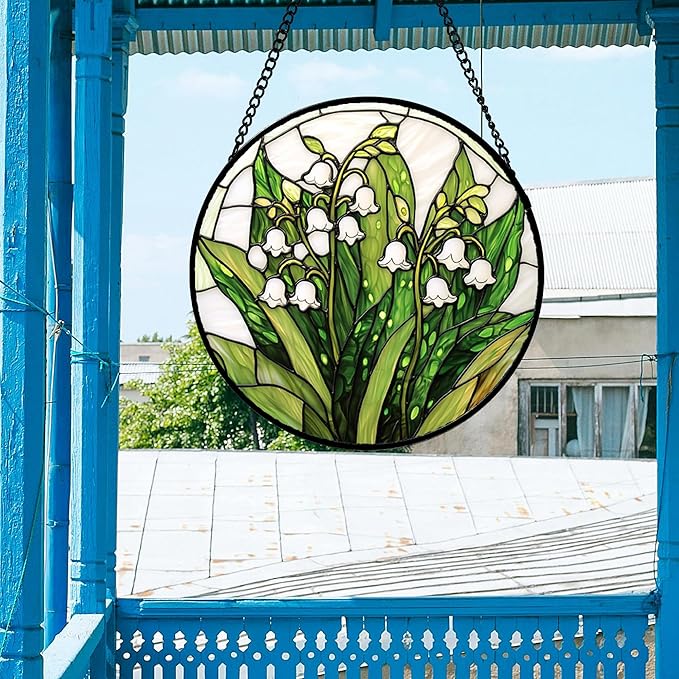 Stained Glass Window Hanging, Lily of The Valley Flower Sun Catchers Colorful Glass Panel Green Plants Suncatcher Decor for Birthday for Women,Men,Wife, Lovers, and Mom 14.9 in