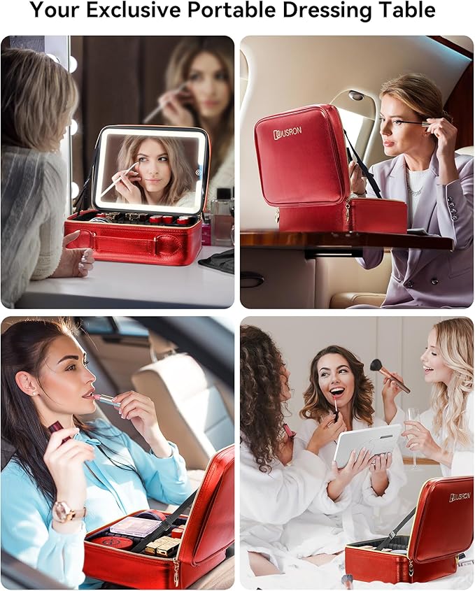 JUSRON Travel Makeup Bag With LED Mirror, Cosmetic Train Case with Light up Mirror, Portable Makeup Artist Organizer Bag with Adjustable Dividers, Makeup Brush Holder Storage (Red, Large)