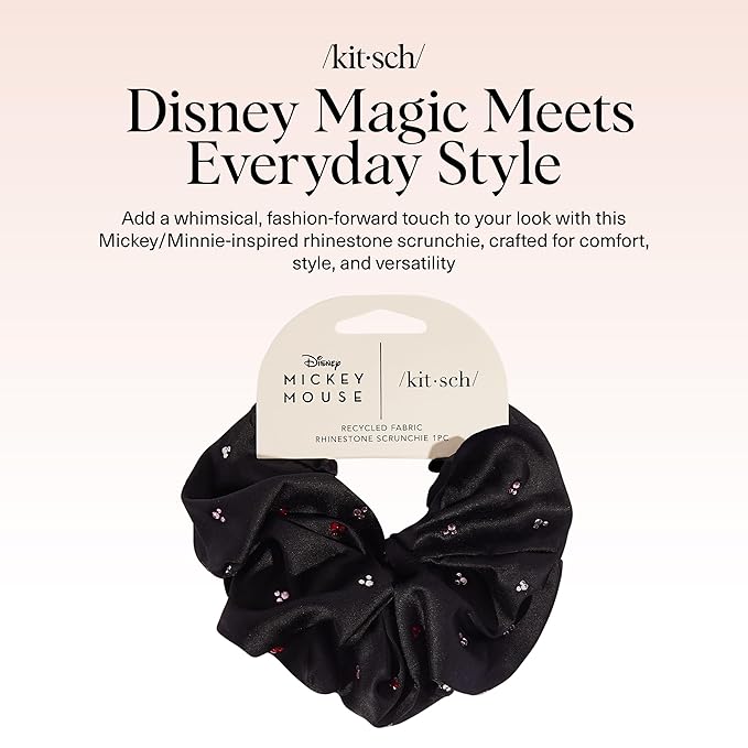 Kitsch & Mickey/Minnie Fabric Rhinestone Scrunchies for Women, Hair Scrunchies for All Hair Types, Recycled Polyester, Perfect for Updo or Half Up Ponytail | Ideal Gifts for Women (Black) - 1 Piece