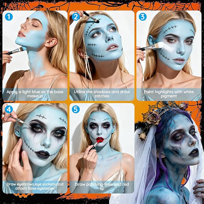 Halloween for Sally& Corpse Bride Makeup Kit, Water-Based Face Paint Set with Blue Face Paint Red Lip Gloss for Avatar Smurf Costume Cosplay, Halloween Cosplay SFX Makeup Set for Party