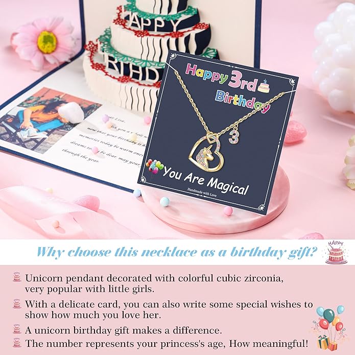 Hidepoo Birthday Unicorns Gifts for Girls - Unicorn Necklace Birthday Gift for 3-16 Year Old Girl Colorful CZ Heart Pendant Unicorn Necklace for Girls Gifts Jewelry