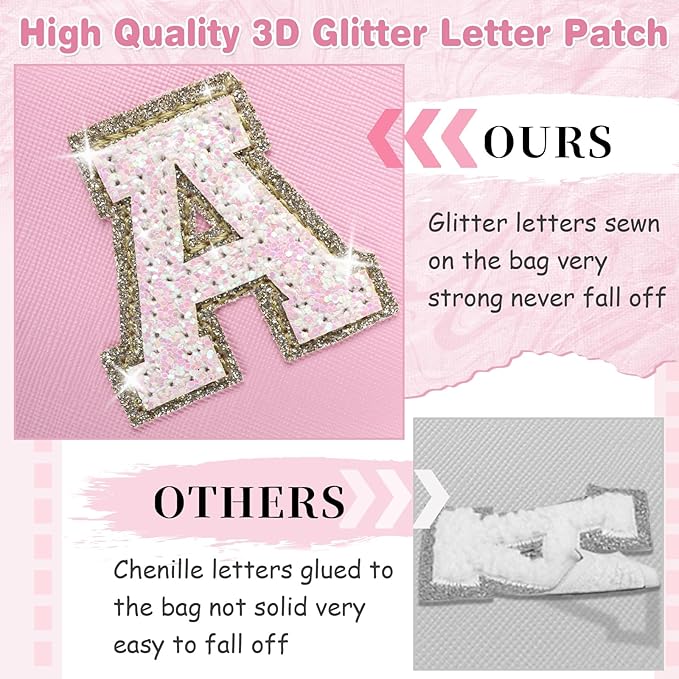 Small Personalized Initial A-Z Patch Makeup Bag,Pink Cute PU Leather Glitter Letter Cosmetic Bag for Teen Girls,Travel Toiletry Bag with Zipper,Preppy Monogrammed Birthday Gift for Daughter Niece Y