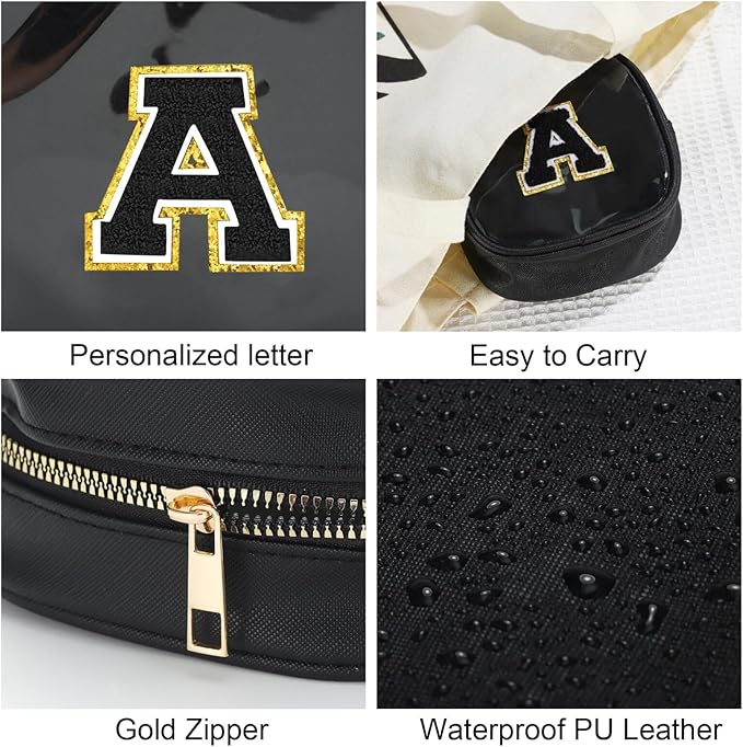 YOOLIFE Initial Makeup Bag Travel Toiletry Bag, Clear Makeup Bag Car Accessories For Women Clear Makeup Bags With Zipper Girlfriend Teacher 7 Year Old Girl Gifts Daughter Gifts Girl Gifts Mini Black D