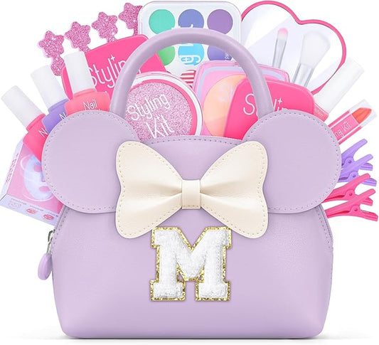 Kids Real Makeup Kit for Girls - 21Pcs Non-Toxic Make Up Toys with Initial Toddler Purse - Personalized Birthday Gifts for Age 5 6 7 8 9 10 Years Old Girls Vanity Set - Purple M