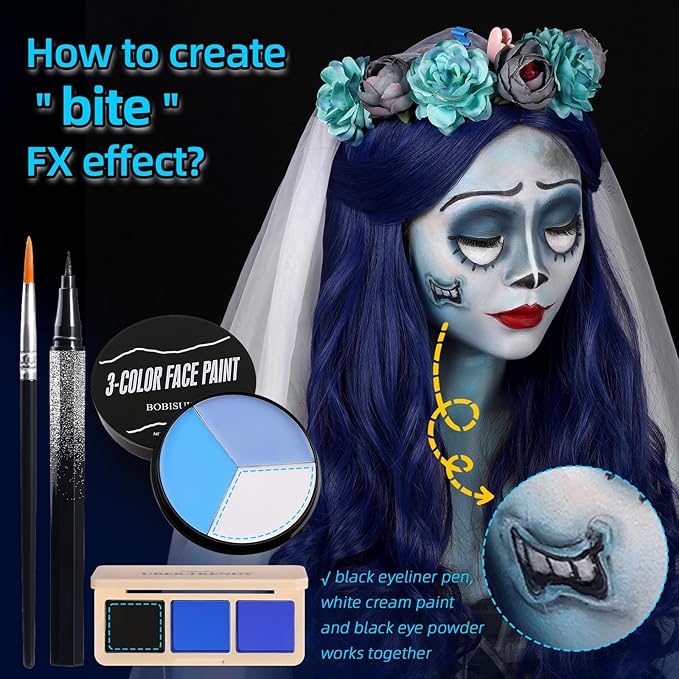 Halloween Sally Makeup & Corpse Bride Makeup Kit, Sally Costume Corpse Bride Make Up SFX Set with Light Blue Face Paint, Black Eyeliner, Lipstick & Faux Eyelash for Sally Face Cosplay & Dress-Up Party