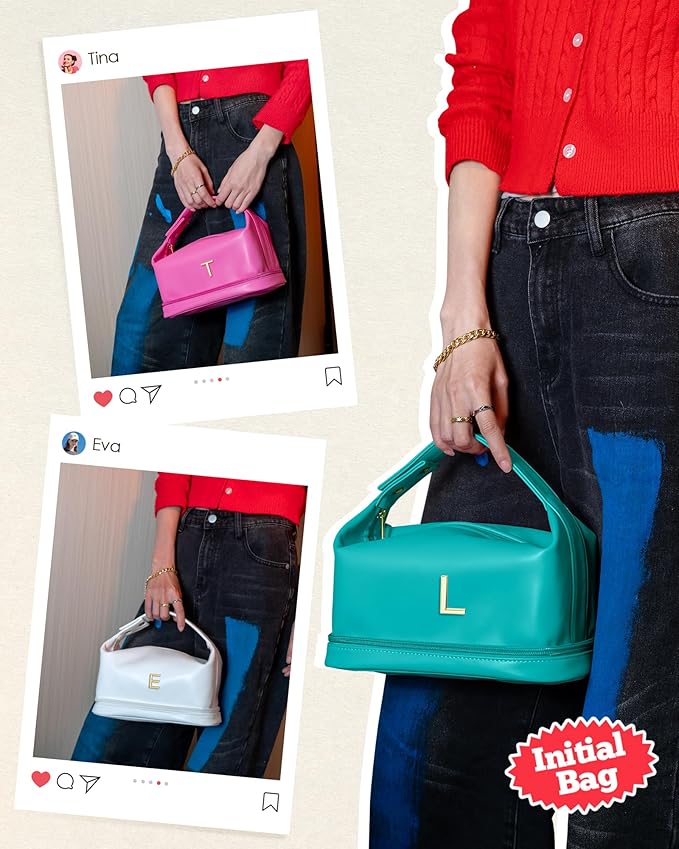 Women Gift Ideas for Her, Personalized Makeup Bag with Handle, Initial Double Layer Cosmetic Bag with Makeup Brush Organizer, Cute Cosmetic Pouch for Women, Gift for Friends Female Mom