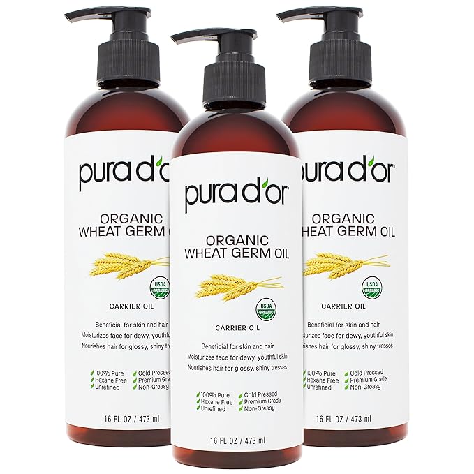 PURA D'OR ORGANIC Wheat Germ Oil (16 Oz x3 = 48 Oz) 100% Pure & Natural USDA Certified Cold Pressed Carrier Oil - Vitamin E Rich, Moisturizing & Nourishing Anti-Aging Properties - Healthy Hair Growth